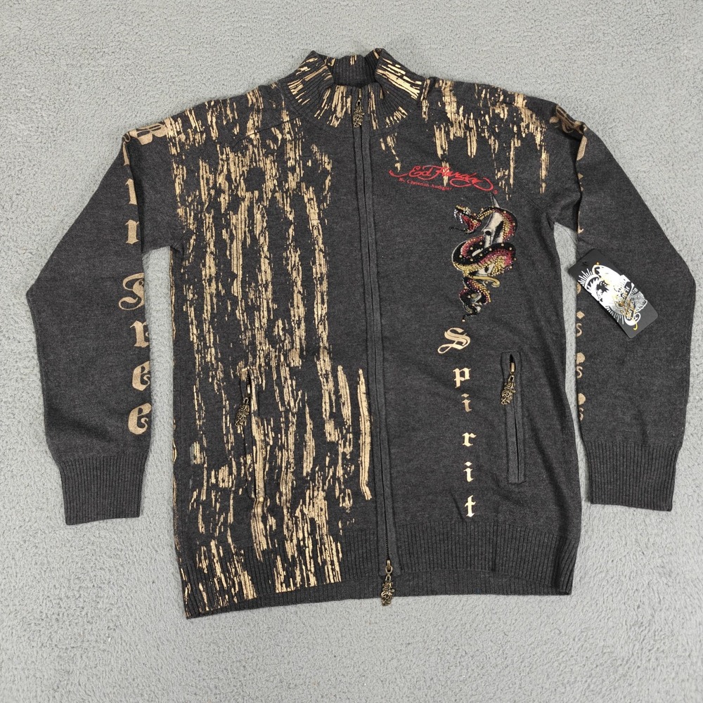 Ed Hardy Sweater Mens Medium Gray‎ Gold Dragon Spirit Full Zip Wool Knit Jacket